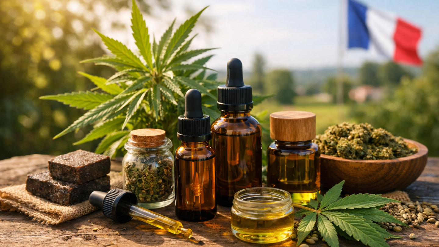 Huile CBD, fleurs de chanvre et résine disposées sur une table en bois avec plante de cannabis et paysage naturel en arrière-plan, ambiance bio et française