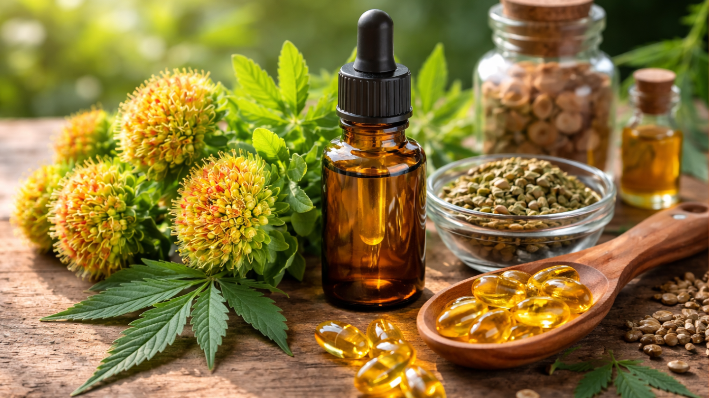 Huile CBD en flacon compte-gouttes avec fleurs de rhodiola, capsules dorées et graines de chanvre sur surface en bois, ambiance naturelle et bien-être