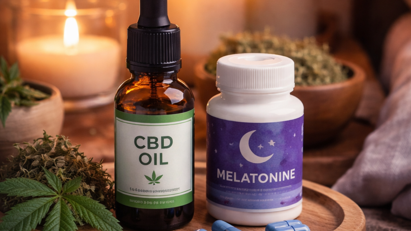 Huile CBD et compléments mélatonine pour le sommeil sur table avec ambiance relaxante, produits naturels contre insomnie et stress