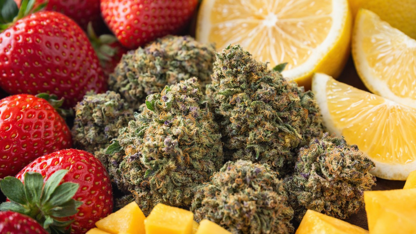 Têtes de cannabis posées dans des fruits, citrons, fraises et mangues