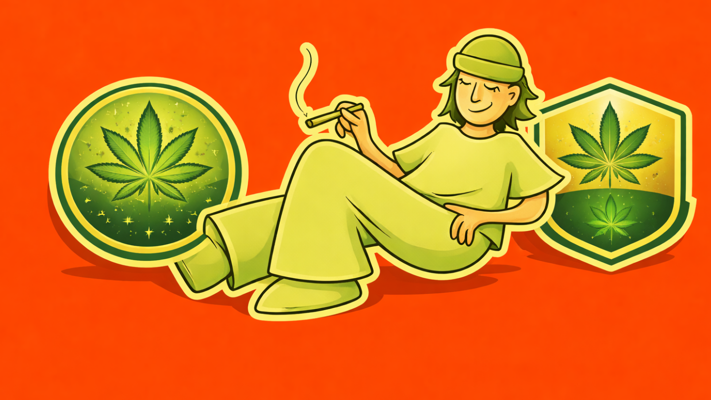 Illustration d’un personnage détendu fumant, entouré de deux logos de feuilles de cannabis sur fond orange.