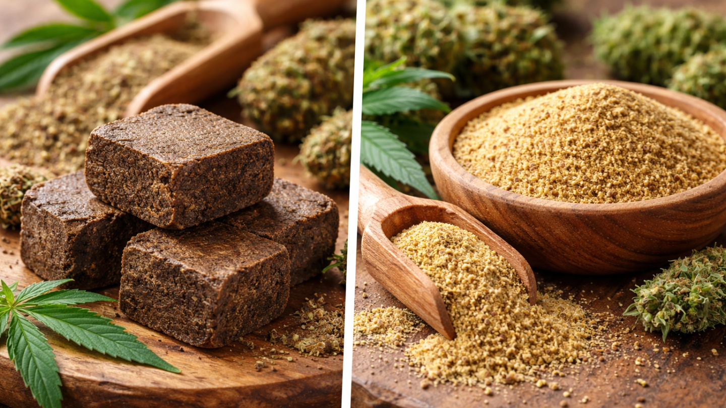 Comparatif visuel entre hash CBD et pollen CBD posé sur une table en bois, avec des blocs de résine de chanvre d’un côté et du pollen de CBD doré dans un bol et une cuillère, entourés de fleurs de chanvre.