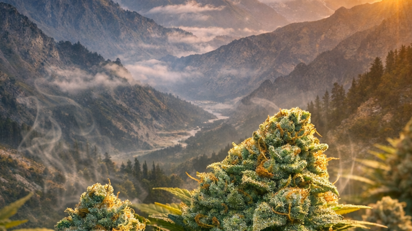 Champ de canabis en premier plan et en arrière les montagnes Hindu Kush avec le soleil perçant 