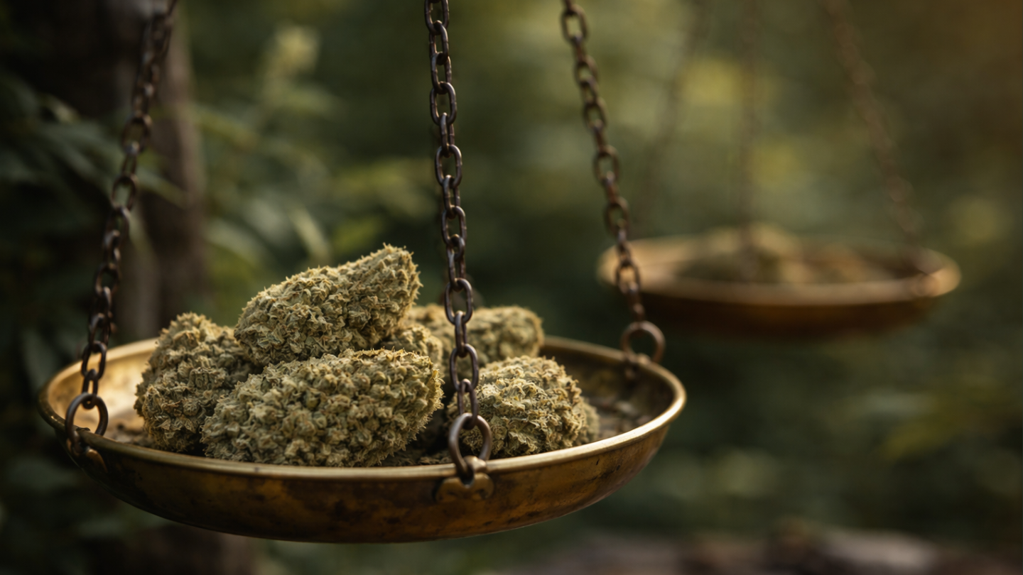 Plusieurs têtes de cannabis entreposées dans une balance