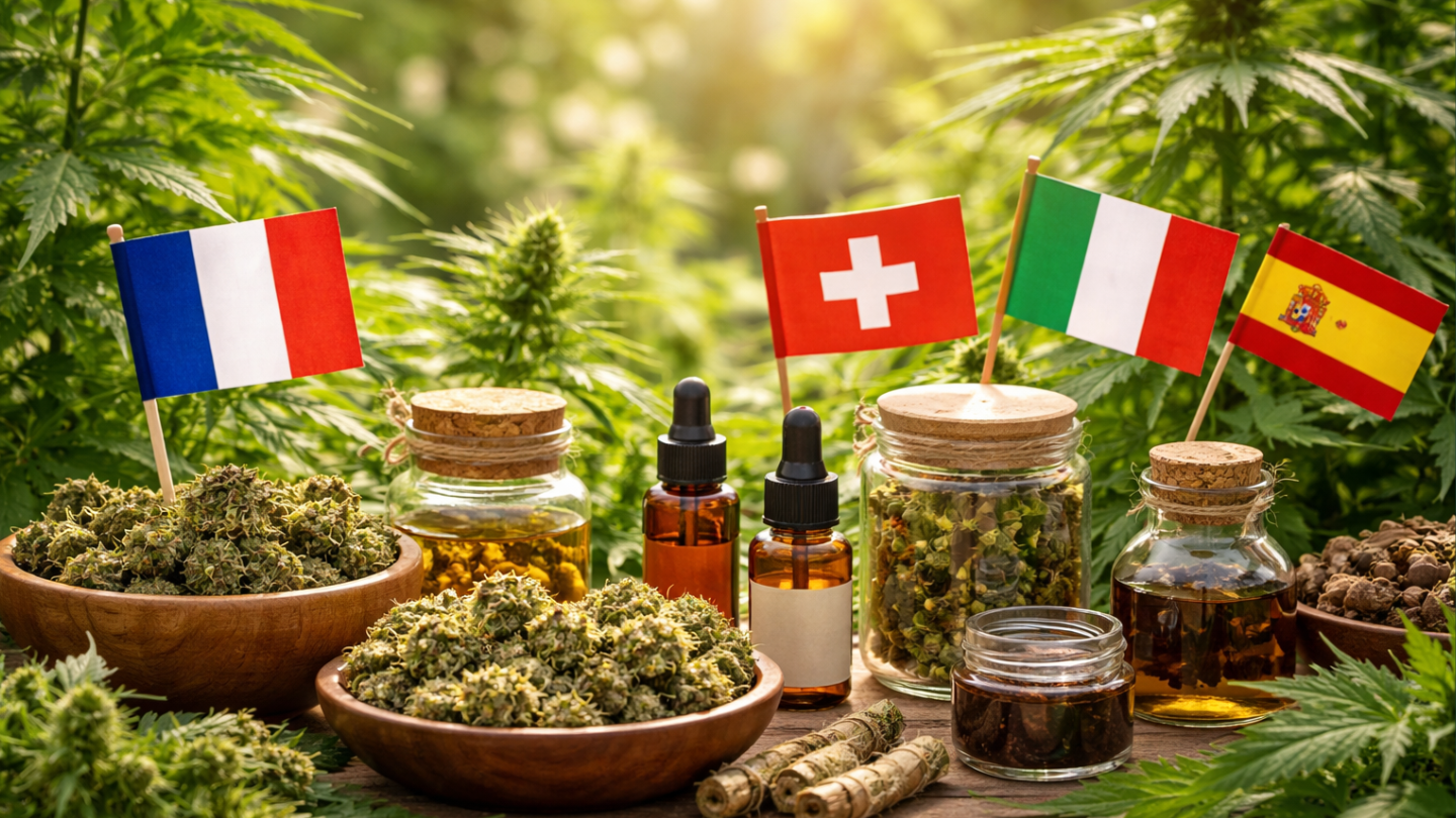 Produits CBD (fleurs, huiles et résine) posés sur une table en bois avec des drapeaux européens parmi des plants de chanvre.