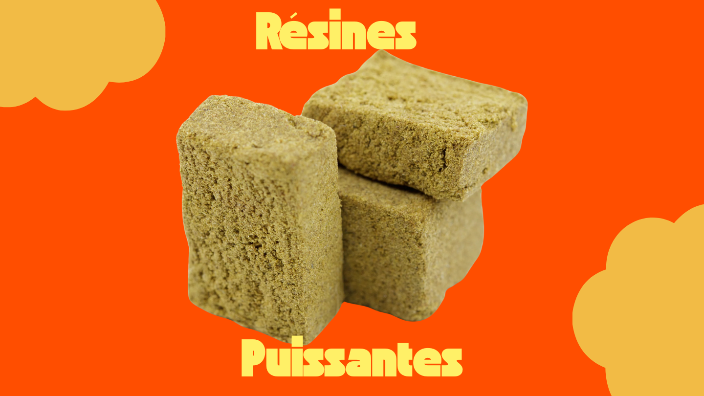 résine de cbd sur fond orange avec écrit en jaune "résines puissantes"