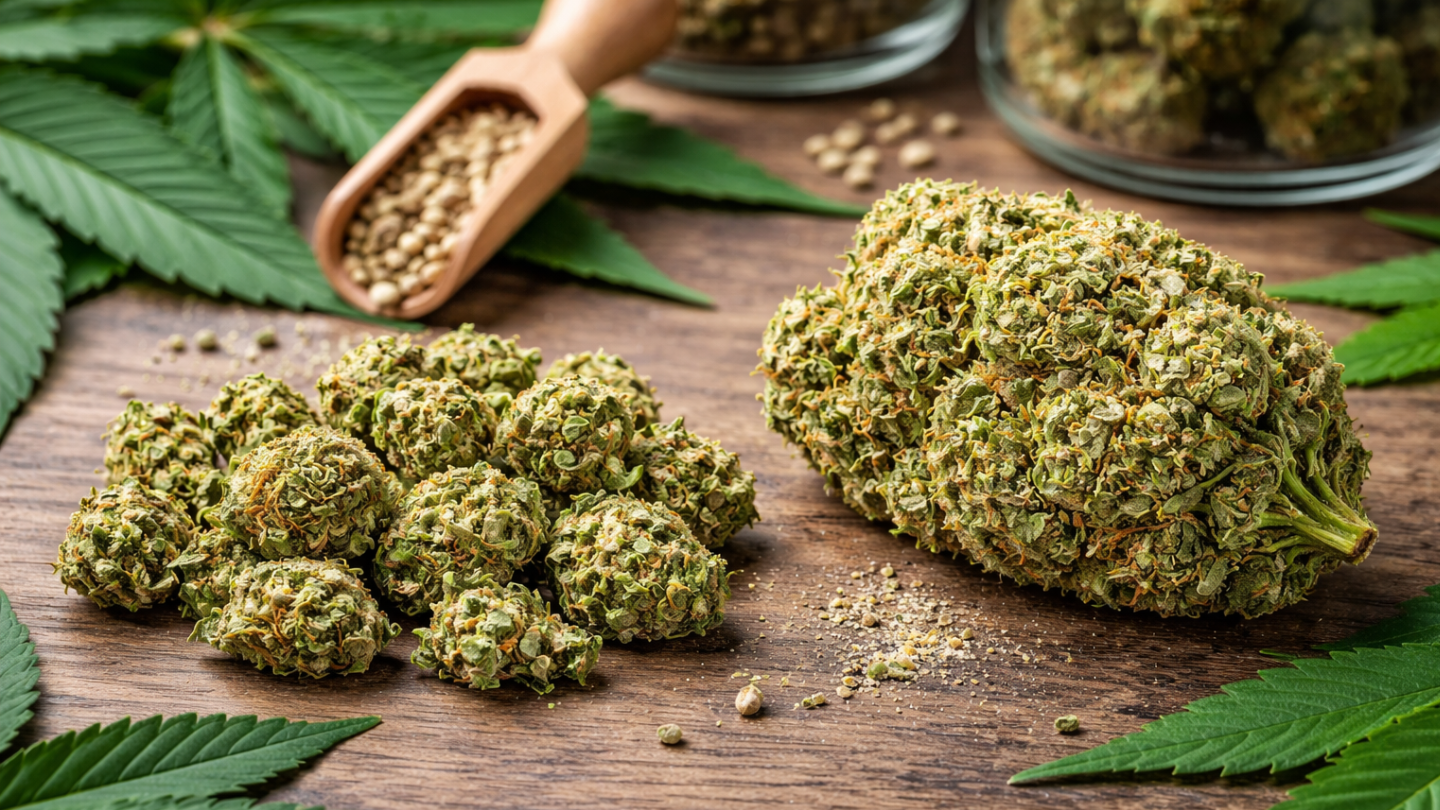 Small buds CBD et grosse tête de fleur de chanvre posées sur une table en bois, comparaison visuelle entre petites fleurs CBD et grosses têtes riches en trichomes issues du chanvre.